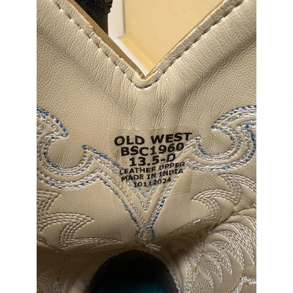 Old West Kids Boys Burnt Tan Navy Blue Square Toe Cowboy Boots BSC1960 13.5D